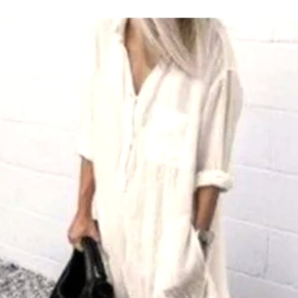 ELEGANT SIMPLE BEIGE LARGE SLIT SIDE BUTTON DOWN COLLAR LONG VERSATILE DRESS - Picture 2 of 3
